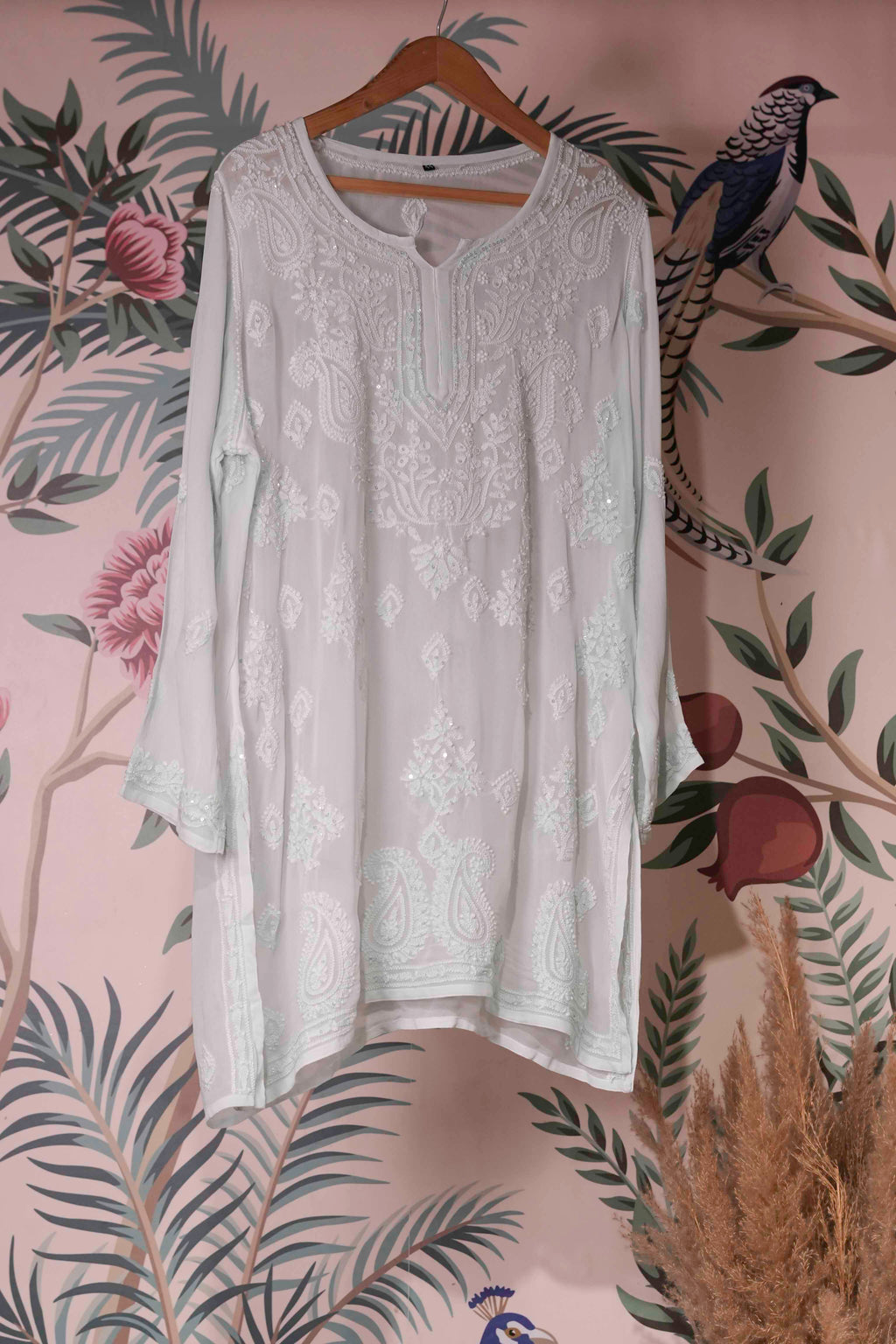 Georgette Beaded Powder Green Chikankari Kurti