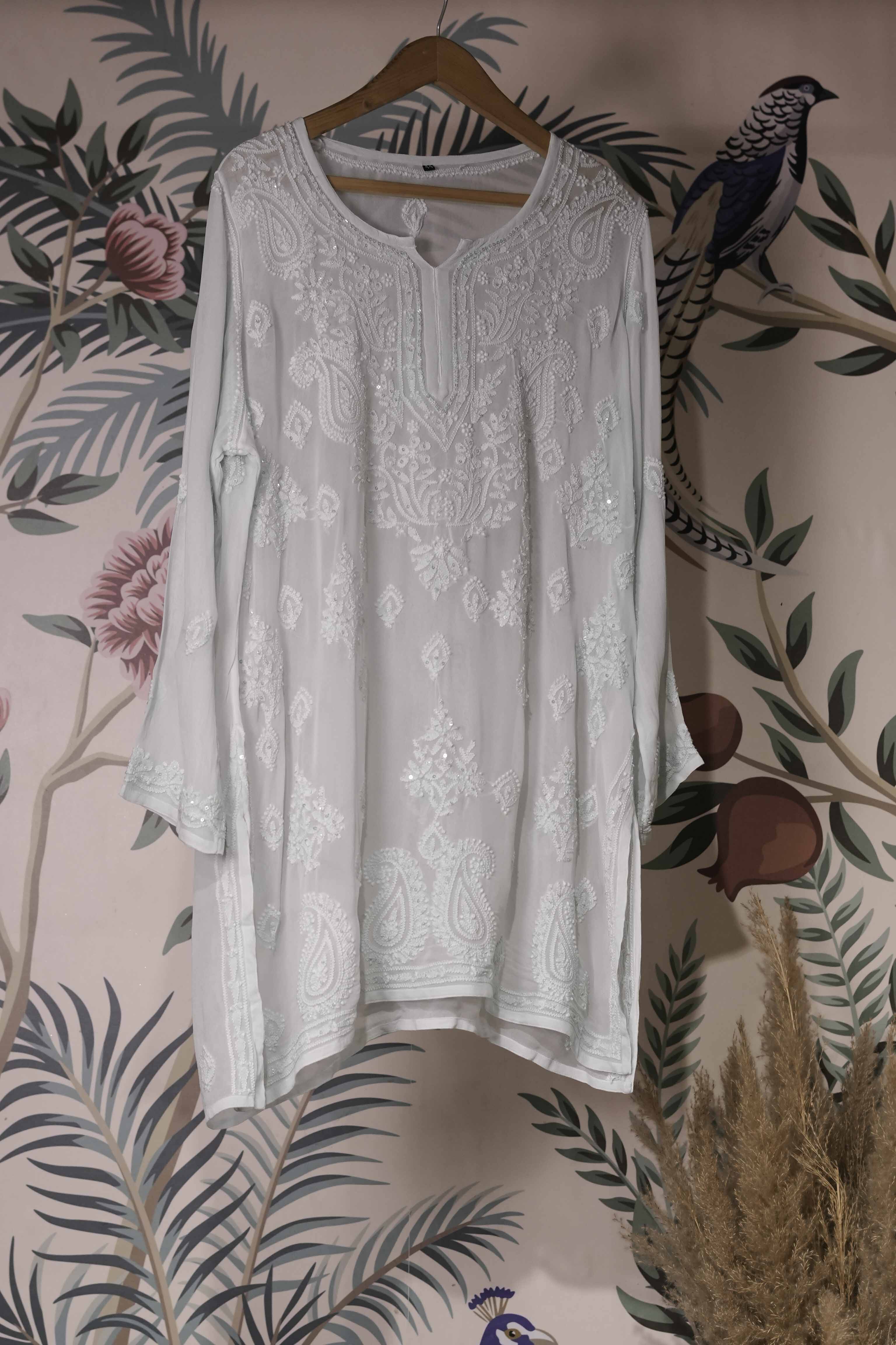 Georgette Beaded Powder Green Chikankari Kurti
