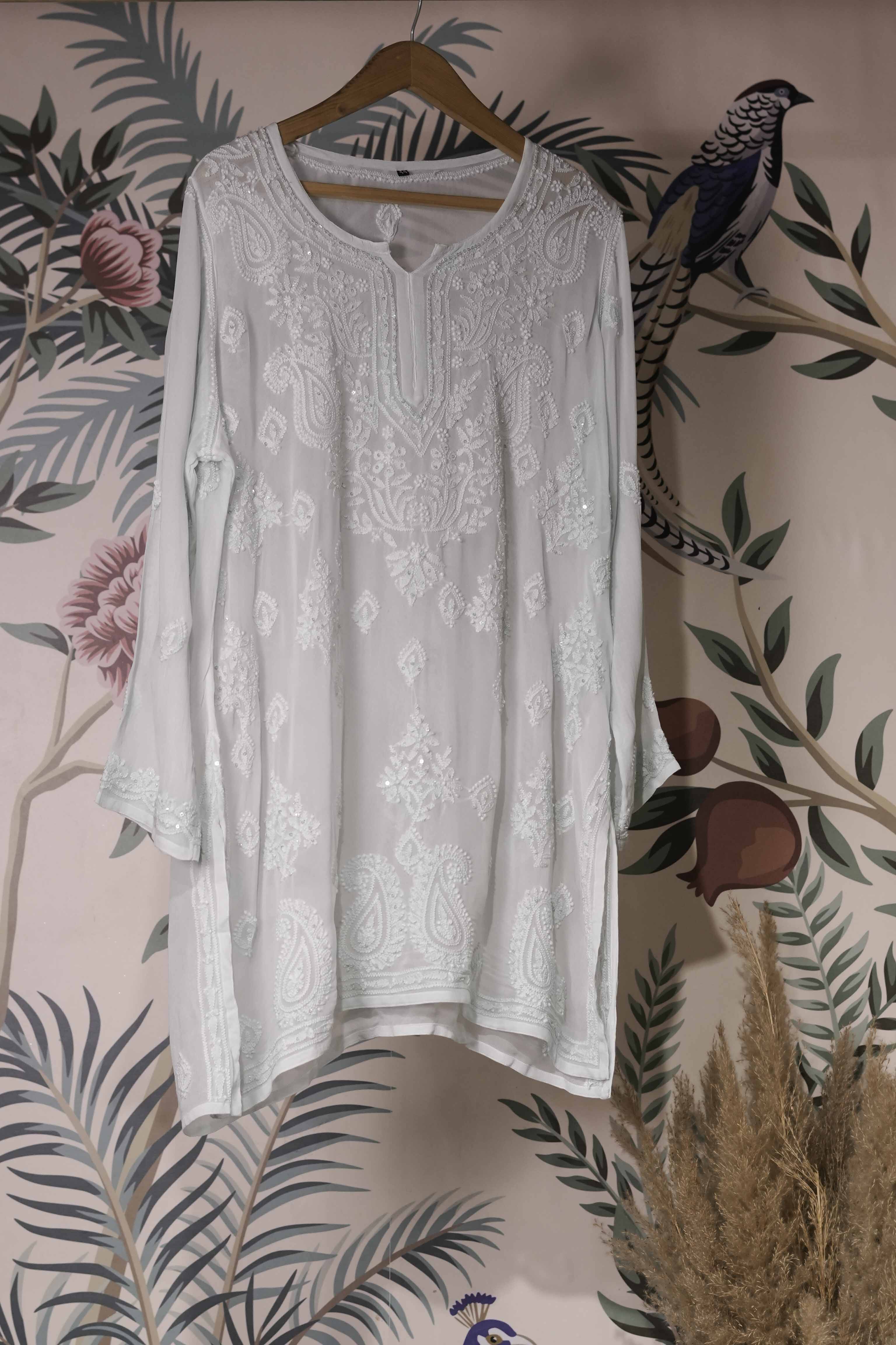 Georgette Beaded Powder Green Chikankari Kurti
